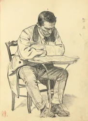 Studie för "A Parisian Cafe": Man sitter vid ett kafébord, läser en tidning, ca. 1872-1875