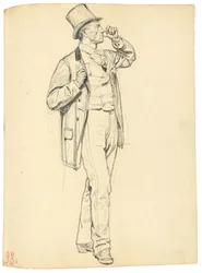 Studie för "A Parisian Cafe": Stående man med höjd arm, ca. 1872-1875
