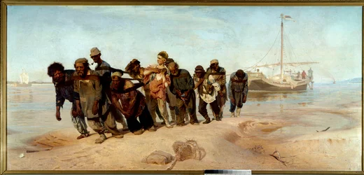 The Boatmen of the Volga En grupp män (halare) ritar en båt från vattnet i Ryssland - Målning av Ilia (Ilya) Repine (1844-1930), olja på duk
