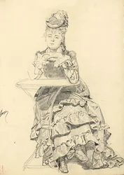 Kvinna som sitter vid ett kafébord, ca. 1872-1875