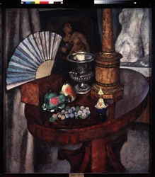 Stilleben med fläkt (Still life with a Fan). Målning av Ilya Ivanovich Mashkov (Ilia Mashkov, Matchkov) (1881-1944), olja på duk