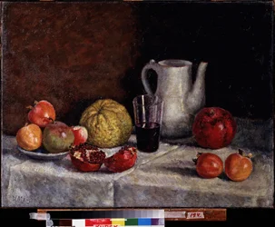 Stilleben med ett granatäpple. Målning av Ilja Ivanovich Mashkov (Ilia Mashkov, Matchkov) (1881-1944), olja på duk, sent 1930. Rysk konst från 1900-talet, sovjetisk konst. Regionala A. Deineka konstgalleri, Kursk (Ryssland).
