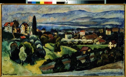 Utsikt över staden Nervi (Italien) Beskrivning av landskapet och den lilla staden vid den italienska rivierans kust, nära Genua, på sommaren. Målning av Ilya Ivanovich Mashkov (Ilia Mashkov, Matchkov) (1881-1944), olja på duk.