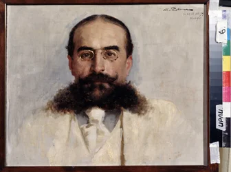 Porträtt av författaren, pedagogen och dramatikern Vladimir Nemirovich Dachenko (1858-1943) (Porträtt av författaren, pedagogen och dramatikern Vladimir I. Nemirovich-Danchenko). Målning av Ilya Savvich Galkin (1860-1915), olja på duk