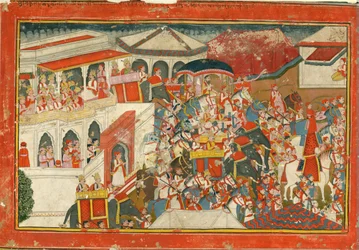 Krishna och Balarama ger sig av från ett palats, ca. 1840
