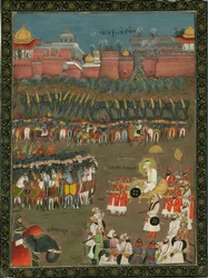 Erövringen av Golkonda av Mughal-kejsaren Aurangzeb 1687, ca 1760