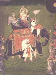 AS10 Album 43 nr 4515 Rana Jawan Singh (1828-38) från Mewar rider på en kaparisonerad elefant, ca 1835 (ogenomskinlig akvarell)