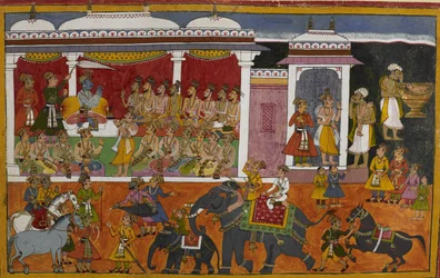 En brahmin rådfrågar Rāma om sin sons död, medan kroppen bevaras i en urna