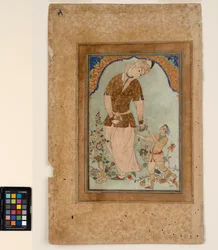En falkonerare tar emot sitt byte från en sida, ca 1580 (ogenomskinlig akvarell och guld på papper, monterad på en albumsida)