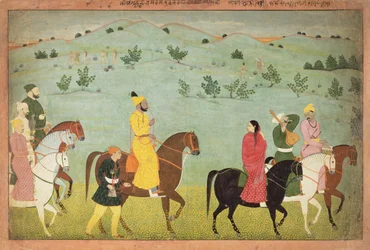 En Jasrota-prins, möjligen Balwant Singh, på en ridexpedition, av Nainsukh (fl. 1740-50) Kashmir, ca 1751