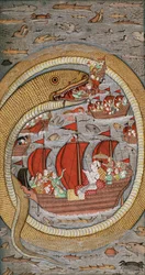 En monstruös orm som slukar den kungliga flottan, ca 1670-1690