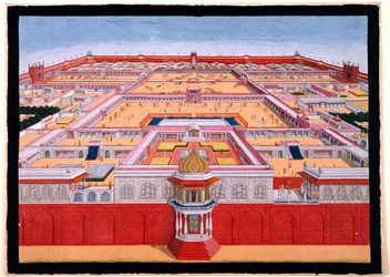 Fågelperspektiv av Röda fortet i Delhi från öster, med en kejsare, troligen Shah Alam (1759-1806), som går in i Diwan-i-Khas till höger, ca 1780-90 (opak akvarell))
