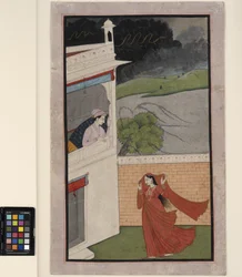 En dam kommer till sin älskares hus i en regnstorm, ca 1830 (ogenomskinlig w/c och guld på papper)