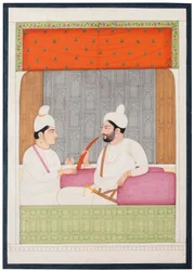 Ett porträtt av Raja Sansar Chand av Kangra och hans son Aniruda Chand, Kangra, Punjab Hills, North India