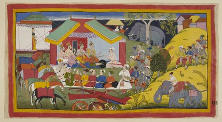 Lägg till 15296 (1) f.100r, Bharata och hans anhängare har nått huvudstaden i Nishada Kingdom. I sitt läger på stranden av Ganga sitter Bharata, hans bror och ministrar i durbar framför sitt tält. Nishadaking Guha kommer med