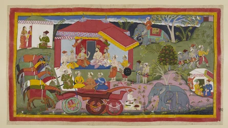 Lägg till 15296 (1) f.104r, I en lägerplats introduceras Guha the Nishadaking i mötet mellan prinsar, brahminer och ministrar. Hästarna, utan ok från vagnarna, står i en rad tjudrade och trasslade, medan en mahout förbereder krut för de