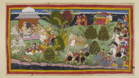 Lägg till 15296 (1) f.105r, De två prinsarna, brahminerna och ministrarna närmar sig eremitaget Bharadvaja till fots, med de tre drottningarna på avstånd över horisonten följt av sina kullar. Armén med sina elefanter och vagnar väntar bakom. På l