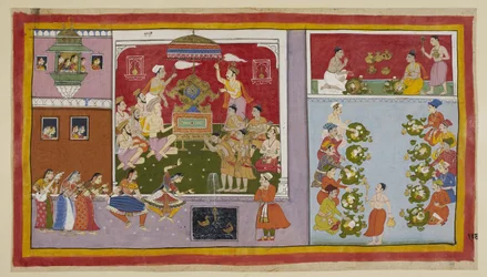 Lägg till 15296 (1) f.106r, Genom sina magiska krafter har Bharadvaja framtrollat ett palats på en nöjesplats för underhållning och förfriskningar för sina gäster. Bharadvaja och de andra asketerna och brahminerna sitter i tronsalen, medan de två prinsarna