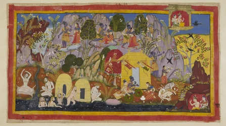 Lägg till 15296 (1) f.111r, Under tiden är allt lugnt med de landsförvisade i deras boning på berget Citrakuta. Rama framhåller dess skönhet Sita - de många varianterna av vackra träd och fåglar, klipporna färgade av ädelstenar och mineraler, och Mandakina