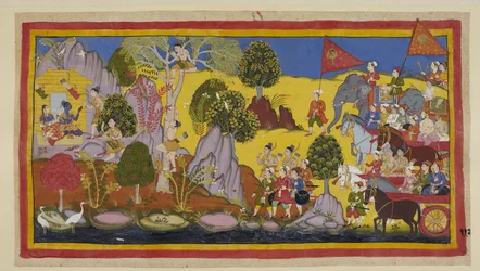 Lägg till 15296 (1) f.112r, tumultet från den annalkande armén som har larmat Rama, han säger till Laksmana att klättra upp i ett träd för att ta reda på vad som orsakar larmet. Laksmana klättrar upp i ett blommande sala-träd och känner igen på avstånd Bha