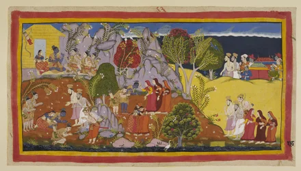 Lägg till 15296 (1) f.118r, Brahminerna och drottningarna i deras kullar närmar sig. Kausalya pekar ut platsen vid floden där Rama erbjöd det rituella vattnet och beklagar pindans bedrövliga kvalitet, som erbjöds hennes döda man. De tre landsflyktiga t