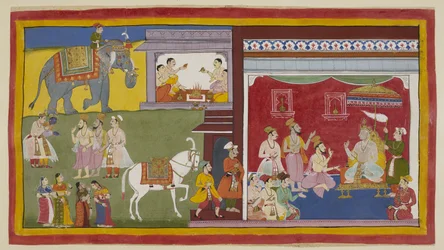 Lägg till 15296 (1) f.11r, Dasaratha, tronad i durbar, berättar för brahminerna Vasistha och Vamadeva och hans minister Sumantra om hans avsikt att avsäga sig sin tron till Rama som regent; till vänster kallar dessa tre Rama och Laksmana. Ovan börjar fyra 