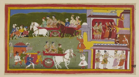 Lägg till 15296 (1) f.127r, processionen återvänder till Ayodhya, längs målningens botten, där den sorgsna och öde staden är tillhåll för katter och ugglor. Bharata och Shatrughna tar avsked med drottningarna och säger till Vasistha att de kommer att dra s