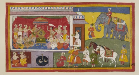 Lägg till 15296 (1) f.129r, I tronrummet vid NandigRama placerar Bharata Ramas sandaler på tronen och installerar dem tillsammans med de församlade prästerna och ministrarna som härskare över Ayodhya. De behandlas hädanefter som Rama själv. De två prinsarn