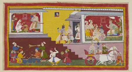 Lägg till 15296 (1) f.14r, Till höger berättar Dasaratha igen för Rama att han kommer att göra honom till kung, med Vasistha, Laksmana, en annan brahmin och ministrar närvarande. Rama och Laksmana lämnar sedan kungen för att anropa Kausalya till vänster, s