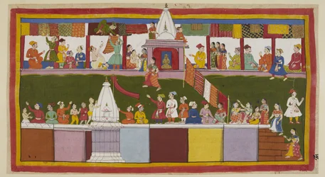 Lägg till 15296 (1) f.16r, På huvudgatan i staden Ayodhya, dekorerar de upphetsade köpmännen sina butiker med sina finaste brokader, medan människor klättrar på husens toppar och över templen för att säkra bästa utsikten över kröningsproc