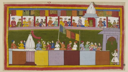Lägg till 15296 (1) f.17r, Samma gata i staden Ayodhya är nu fullt dekorerad, med folket som väntar på processionen. De berättar för varandra hur klok kungen är och hur lyckligt lottade de är som har Rama som sin nya beskyddare.
