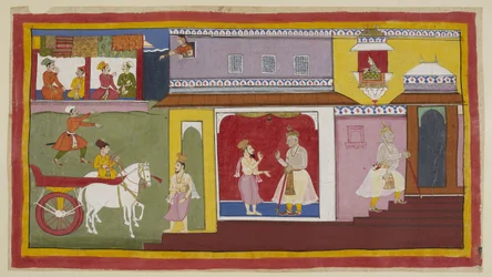 Lägg till 15296 (1) f.18r, Vasistha återvänder till palatset och säger till Dasaratha att allt är förberett för ceremonin. Dasaratha drar sig tillbaka till en inre kammare i palatset. Ovanför tittar Kaikeyis tjänare Manthara ut genom ett övre fönster och o