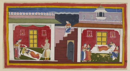 Add 15296 (1) f.22r, Manthara stiger ned ovanifrån, går till höger in i Kaikeyis sängkammare och väcker henne med nyheten om den förestående kröningen. Kaikeyi fylls först av glädje och reser sig för att ge Manthara ett halsband som hon bar på sig