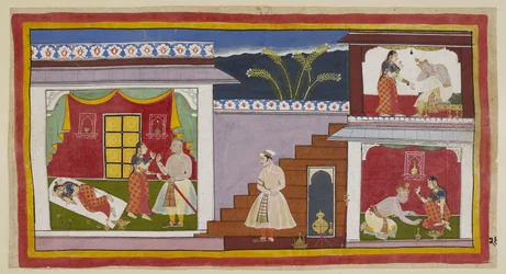 Lägg till 15296 (1) f.24r, Kaikeyi ses först till vänster sova rufsig, som på föregående bild, och reser sig sedan från sin säng för att övertala sin man att ge henne de två välsignelser som Dasaratha tidigare hade lovat henne. Till höger är Dasaratha förs