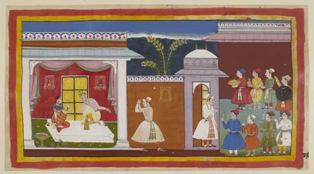 Lägg till 15296 (1) f.27r, Vasistha har sagt till Sumantra att berätta för kungen att allt är klart, och han informerar Dasaratha om detta. Han blir tillsagd av Kaikeyi, med Dasarathas tysta samtycke, att hämta Rama. Utanför palatsingången till höger, medb