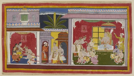 Lägg till 15296 (1) f.2r, I tronrummet i Ayodhya (höger) sitter kung Dasaratha med sina fyra söner, sin minister Sumantra och sin överstepräst Vasistha. Yudhajit, drottning Kaikeyis bror och Bharatas morbror, har kommit för att ta Bharata på besök
