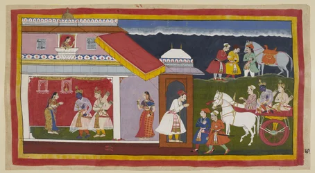 Lägg till 15296 (1) f.41r, Efter att äntligen ha övertalat sin mor och bror att lugnt acceptera hans öde, återvänder Rama och Laksmana till sitt eget palats i vagnen, Ramas huvud böjt i sin vanliga ödmjukhet. De möts av Sita, som först har sett honom från 