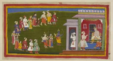 Lägg till 15296 (1) f.48r, Rama och Laksmana, klädda som förut men beväpnade med svärd, båge och pilar, åtföljda av Sita, har gått ödmjukt genom gatorna myllrade av sörjande människor till sin fars palats. Sumantra tillkännager dem för den tronade Das