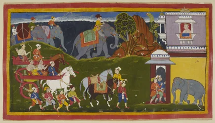 Lägg till 15296 (1) f.4r, Bharata, Shatrughna och deras farbror, tillsammans med hållare och två ledda ridhästar, med lastade elefanter bortom horisontlinjen, anländer till palatset till kungen av Kekaya, Bharatas morfars morfar, som väntar på dem ser ut
