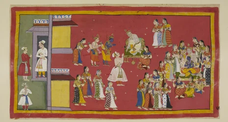 Lägg till 15296 (1) f.50r, Dasaratha hade tidigare beordrat Sumantra att kalla sina drottningar och alla hans fruar, som nu omringar kungen när Sumantra för in de landsförvisade för att ta deras farväl. Dasaratha försöker övertala Rama att inte gå till sko
