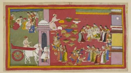 Lägg till 15296 (1) f.53r, Till höger, när han ser sina söner och Sita klädda i barkrockar, förlorar Dasaratha medvetandet och faller från tronen. De tre exilerna knäböjer inför drottningarna. Sita omfamnas av Kausalya, som påminner henne i onödan om att h