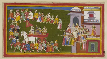 Lägg till 15296 (1) f.56r, Rama, hans fru och bror åker iväg i en vagn som drivs av Sumantra och omges av de sörjande stadsborna, vars tårar lägger dammet som höjts av vagnens framfart. Dasaratha skyndar sig från sitt palats och går genom porten
