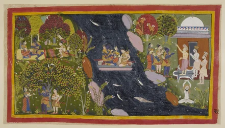 Lägg till 15296 (1) f.69r, Bharadvaja, till höger i sitt eremitage, tipsar resenärerna om vägen till Citrakuta. I centrum korsar de Yamuna på en improviserad flotte, medan Sita ber igen till flodens gudinna för en säker återkomst, och på