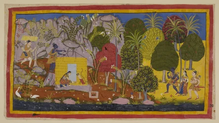Lägg till 15296 (1) f.70r, De tre exilen närmar sig Citrakuta från höger längs Yamuna-flodens strand. Rama förundras över de blommande träden och växterna som täcker berget. Till vänster, på ett plant utrymme nära floden, bygger de två bröderna ett hu