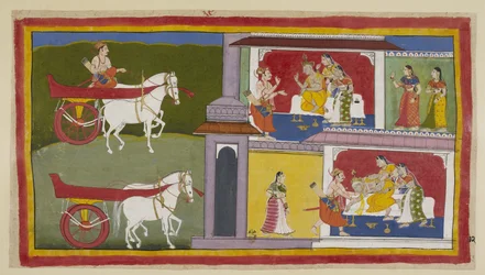 Lägg till 15296 (1) f.72r, Till vänster återvänder Sumantra till Ayodhya och går in i palatset för att ge Ramas sista budskap till kungen, som sitter med Kausalya och Sumitra bredvid sig. Kungen faller i svimning och fångas av Sumantra och drottningarna.