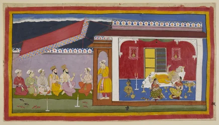Lägg till 15296 (1) f.76r, Dasaratha ligger på sin säng i sin kammare, de två drottningarna sitter bredvid honom, alla tre i attityden av samtal, medan de försöker trösta varandra. Utanför rummet är brahminer och ministrar i samtal med Sumantra. den