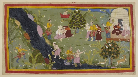 Lägg till 15296 (1) f.79r, Dasaratha berättar för drottningarna om händelsen i sin ungdom då han av misstag dödade en vises son under jakt. Till vänster riktar Dasaratha av misstag sin båge genom träden mot ungdomen, som fyller sin vattenkanna på den andra