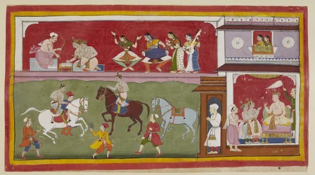 Lägg till 15296 (1) f.7r, Till höger i palatset ber prinsarna kungen om lärare i religion, konst och vetenskap, medan två damer ovanför ett heltäckat jharokha-fönster ser ner på dem till vänster när de övar ridning på motionsplanen.
