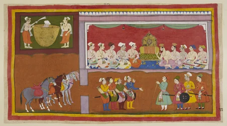 Lägg till 15296 (1) f.82r, I hans söners frånvaro läggs kungens kropp i en kittel med olja, med skötare som vördnadsfullt fläktar den, medan ministrar och brahminer i durbarsalen diskuterar vad de ska göra, på vardera sidan om det lediga. tron. Vasistha be