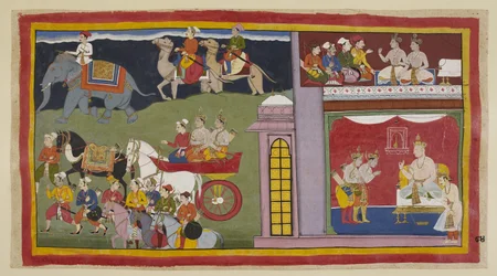 Lägg till 15296 (1) f.84r, Budbärarna, i en övre kammare, säger åt prinsarna att återvända till Ayodhya. Nedanför i tronsalen, klädda för resan, säger prinsarna farväl till kung Kaikeyi och hans son Yudhajit. De sitter ute i en vagn med m